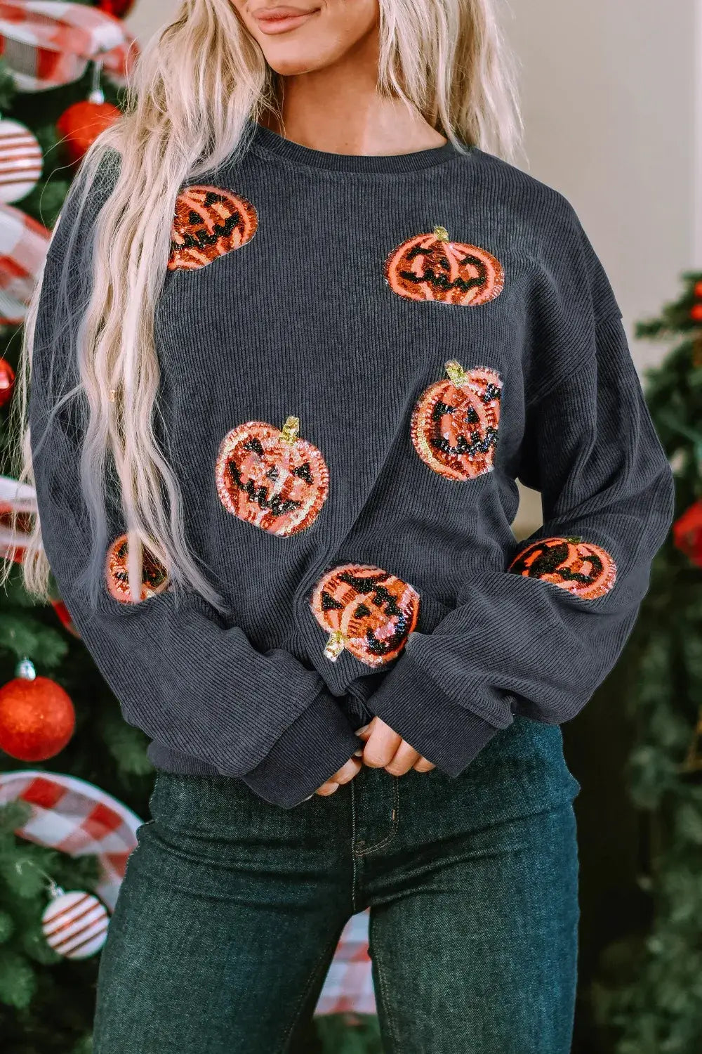Sequin Patch Pumpkin Round Neck Sweatshirt - Trendsi - Flyclothing LLC