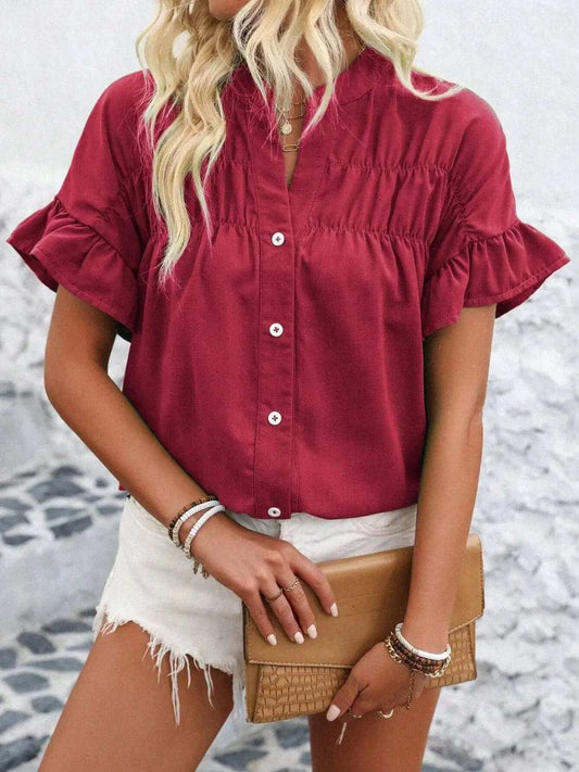 Button Down Ruffled Short Sleeve Shirt - Trendsi - Flyclothing LLC