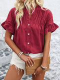 Button Down Ruffled Short Sleeve Shirt - Trendsi