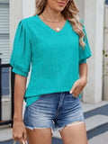 Puff Sleeve V-Neck Eyelet Lace T-Shirt - Trendsi - Flyclothing LLC
