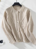 Cable-Knit Round Neck Button Up Cardigan - Trendsi