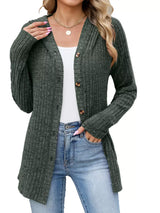 Ribbed Knit Hooded Button-Down Cardigan - Trendsi - Flyclothing LLC
