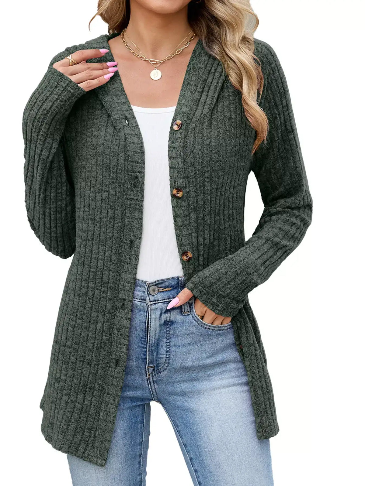 Ribbed Knit Hooded Button-Down Cardigan - Trendsi - Flyclothing LLC