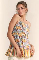 Davi & Dani Floral Smocked Sleeveless Ruffle Back Tie Top - Trendsi - Flyclothing LLC