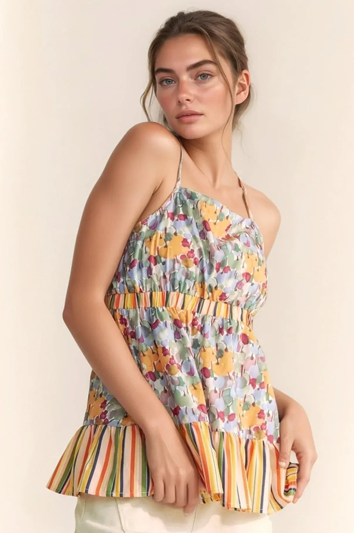 Davi & Dani Floral Smocked Sleeveless Ruffle Back Tie Top - Trendsi - Flyclothing LLC