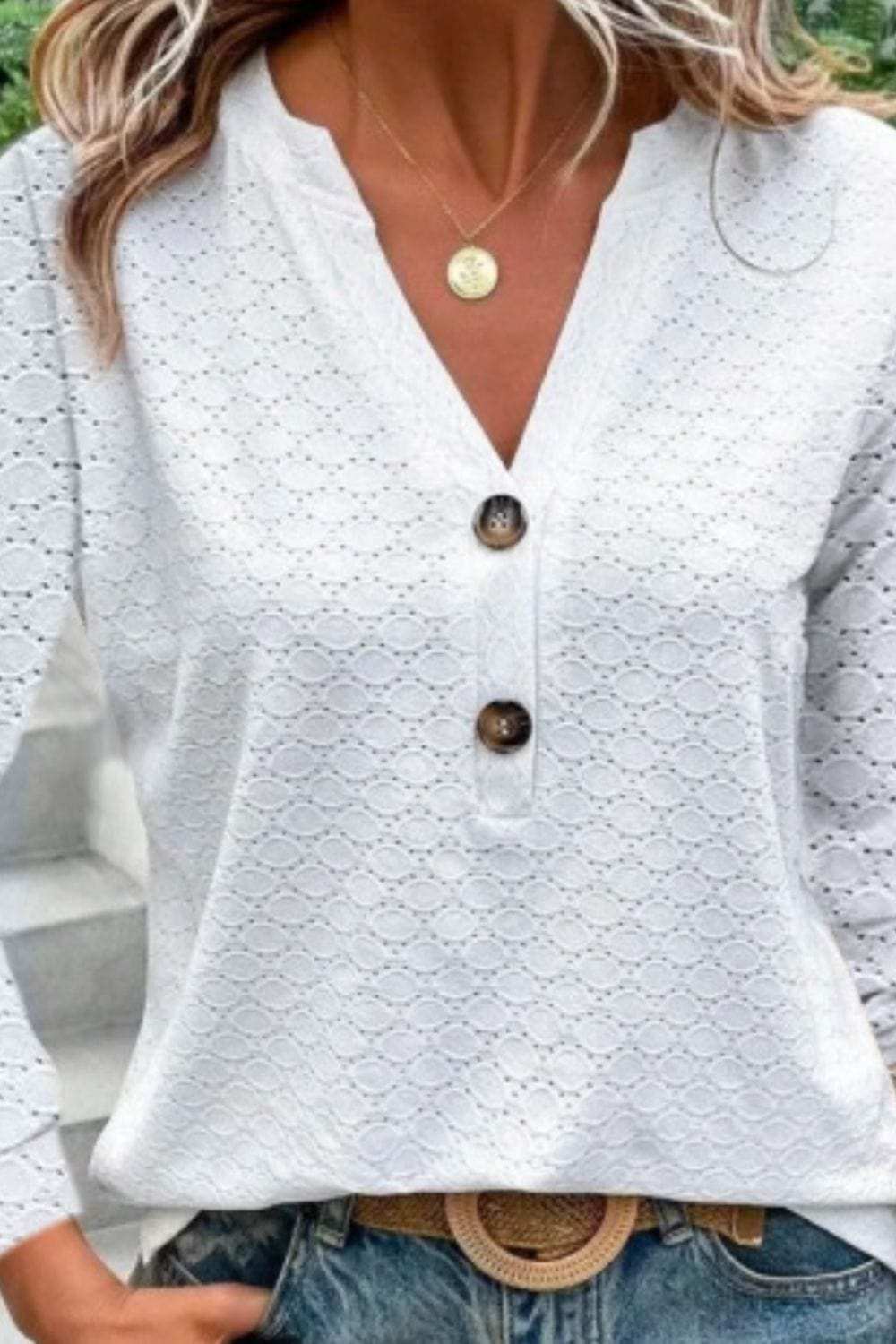 Eyelet Notched Long Sleeve T-Shirt - Trendsi - Flyclothing LLC