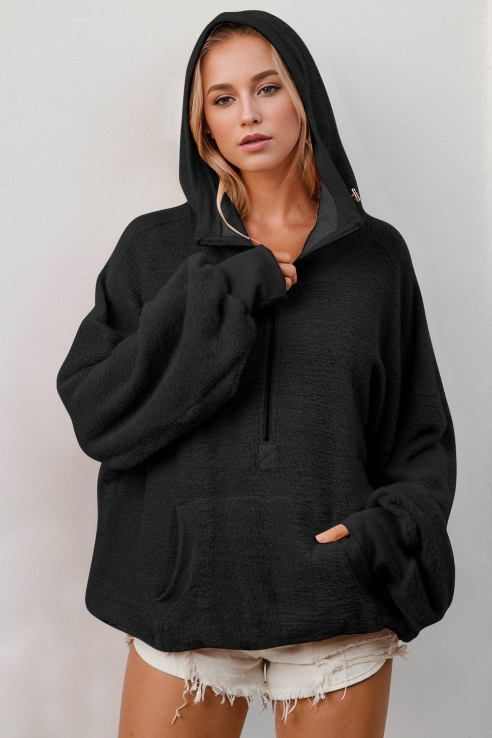 Double Take Full Size Half Zip Long Sleeve Hoodie with Kangaroo Pocket - Trendsi