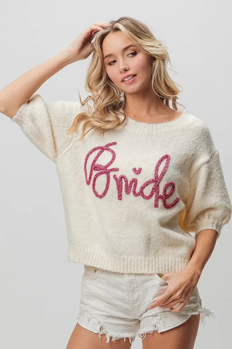 BiBi Metallic Letter Short Puff Sleeve Hairy Sweater - Trendsi - Flyclothing LLC