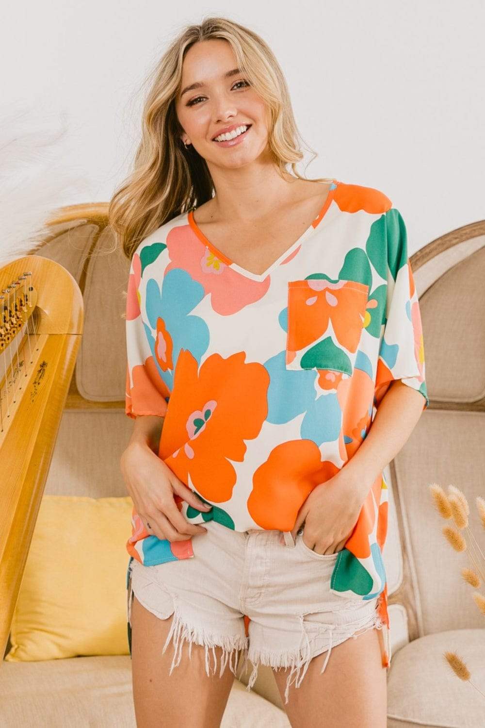 BiBi Floral V Neck Slit Side T-Shirt - Trendsi - Flyclothing LLC