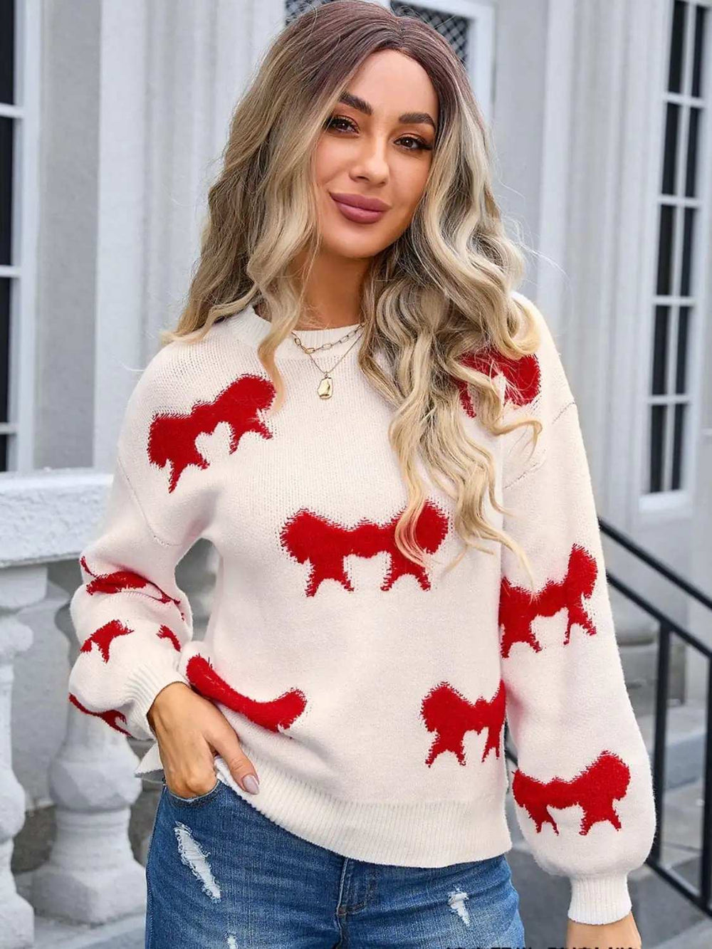Angel Wings Bow Round Neck Dropped Shoulder Sweater - Trendsi - Flyclothing LLC