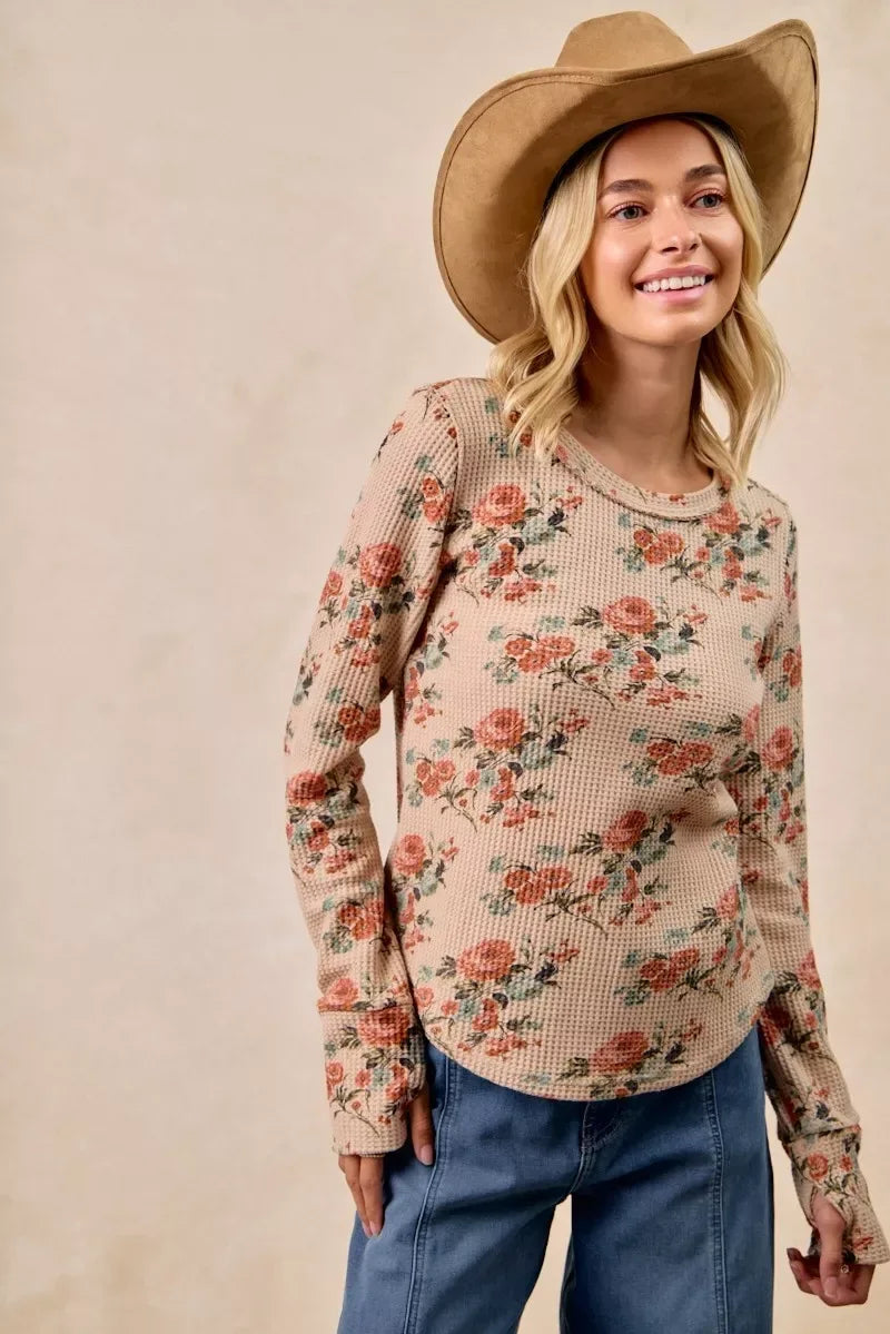 BiBi Floral Print Washed Waffle Thermal Top with Thumb - Trendsi - Flyclothing LLC