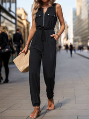 Half Zip Sleeveless Jumpsuit with Pockets - Trendsi