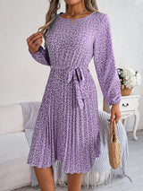 Ditsy Floral Tie Waist Pleated Dress - Trendsi - Flyclothing LLC