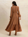 Ruffled Hem V-Neck Balloon Sleeve Maxi Dress - Trendsi