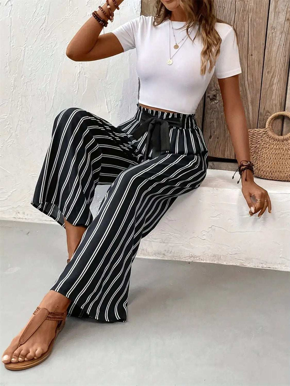 Striped High Waist Wide Leg Pants - Trendsi - Flyclothing LLC