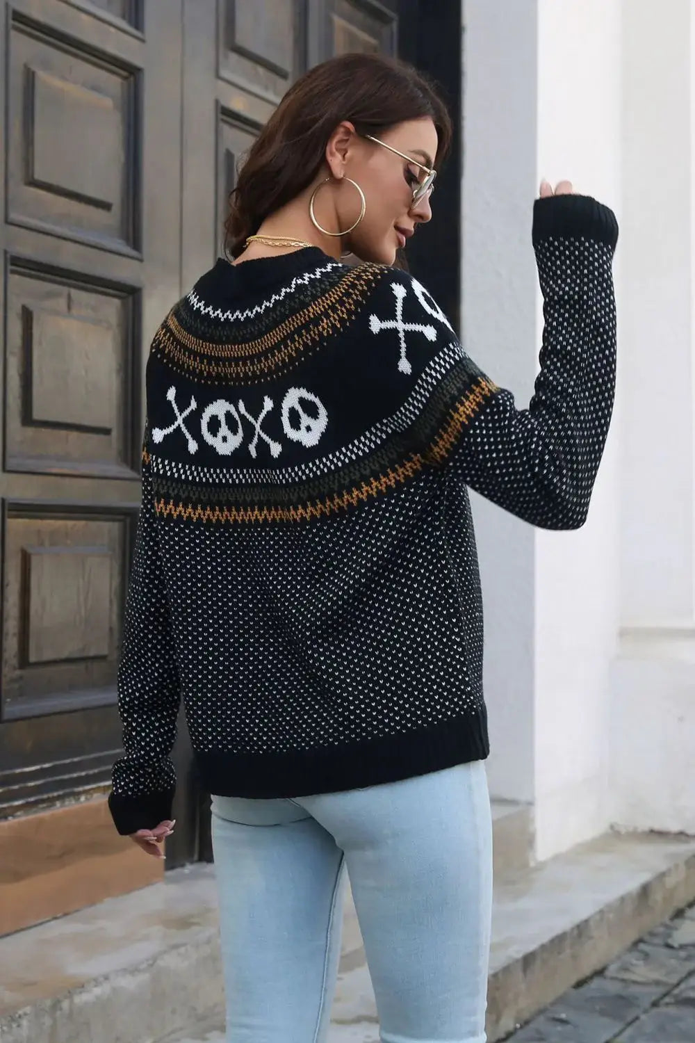 Ghost Pattern Round Neck Long Sleeve Sweater - Trendsi - Flyclothing LLC