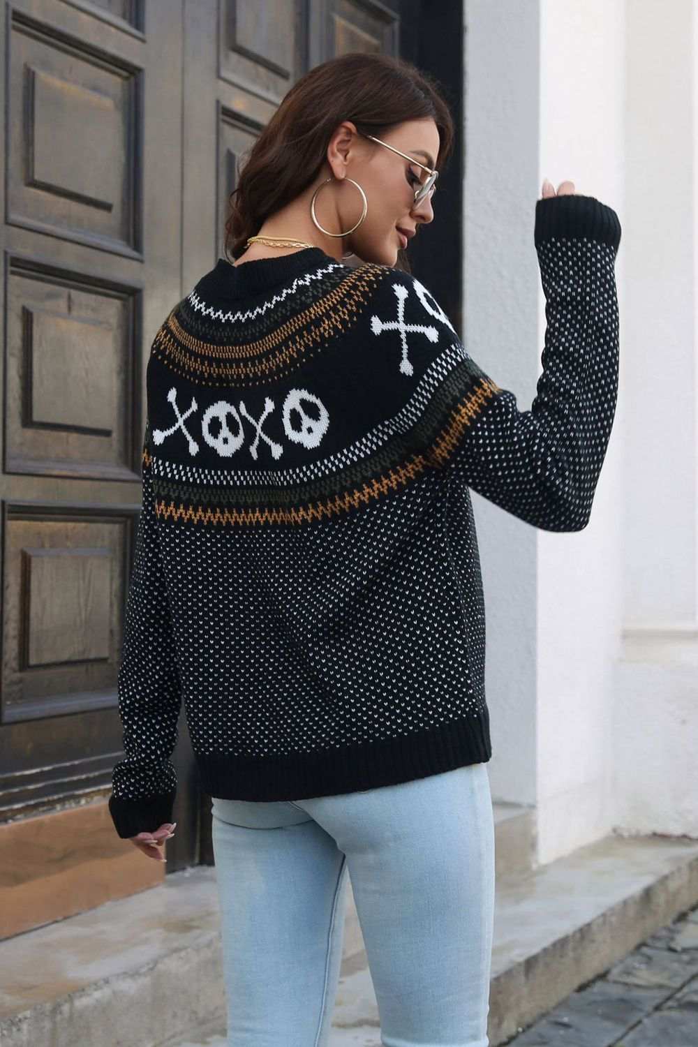 Ghost Pattern Round Neck Long Sleeve Sweater - Trendsi - Flyclothing LLC