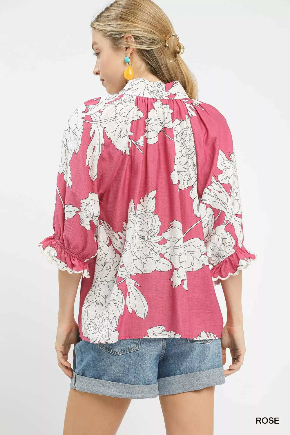 Umgee Peony Illustration Print Flounce Sleeve Blouse - Trendsi - Flyclothing LLC