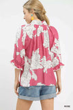 Umgee Peony Illustration Print Flounce Sleeve Blouse - Trendsi - Flyclothing LLC