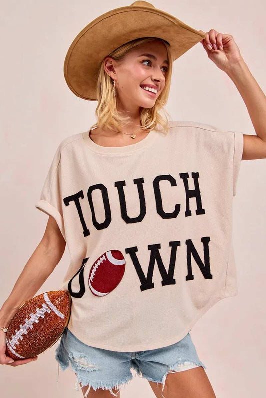BiBi Game Day Touchdown Letter Patches Waffle Short Top - Trendsi - Flyclothing LLC