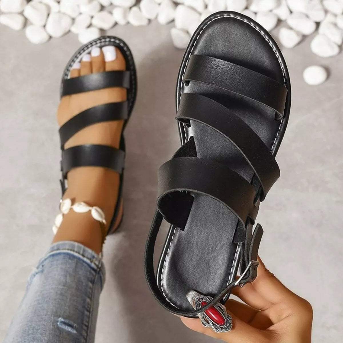 Open Toe Flats Sandals - Trendsi - Flyclothing LLC