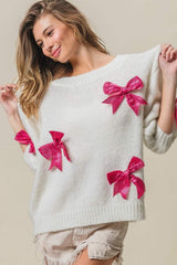 BiBi Sequin Bow Puff Sleeve Sweater - Trendsi - Flyclothing LLC