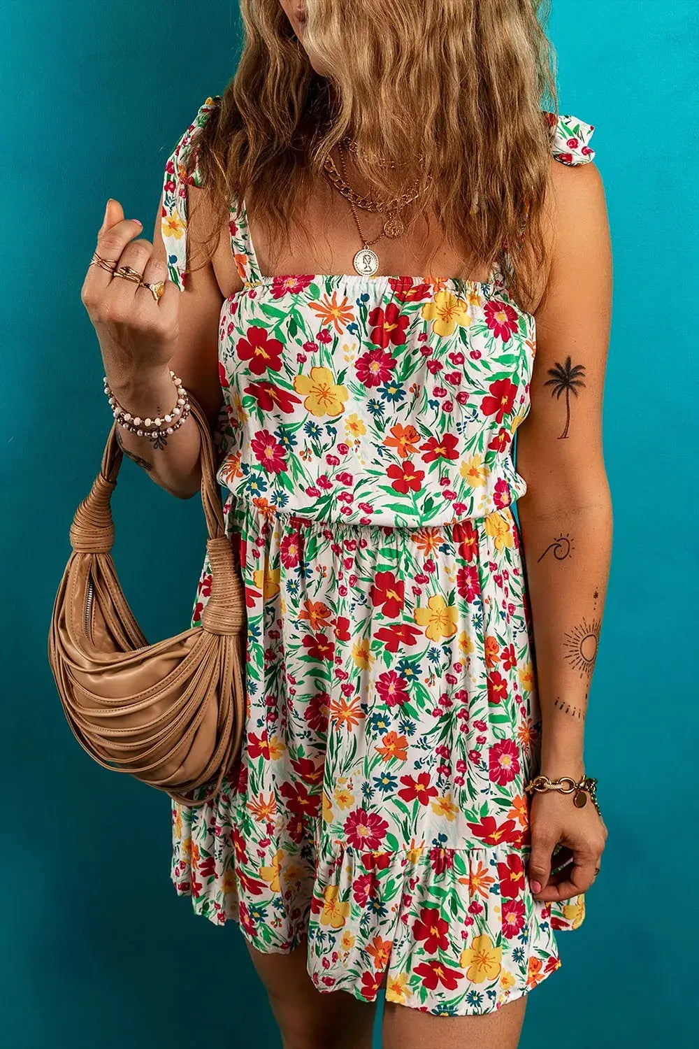 Floral Knotted Straps Cinched Waist Ruffle Hem Mini Dress - Trendsi - Flyclothing LLC
