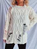 Distressed Cable-Knit Round Neck Long Sleeve Sweater - Trendsi - Flyclothing LLC