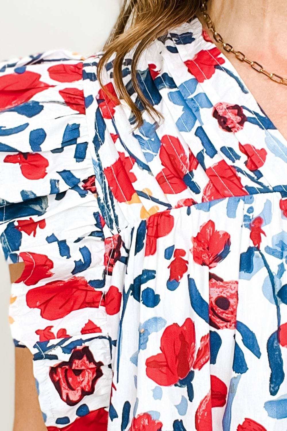 Ruffled Printed V-Neck Cap Sleeve Blouse - Trendsi - Flyclothing LLC