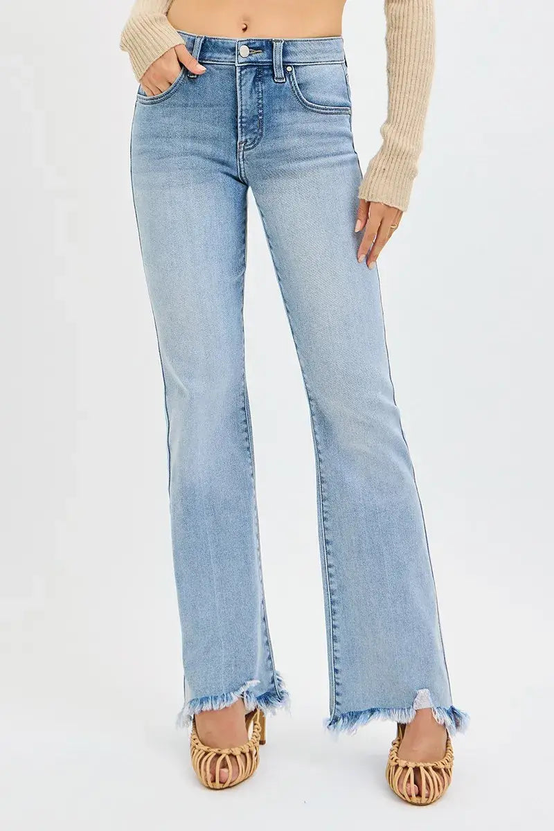 RISEN Full Size Tummy Control Mid Rise Flare Jeans with Fray Hem Detailed Plus Size - Trendsi - Flyclothing LLC