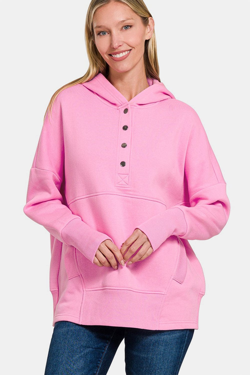 Zenana Half Snap Long Sleeve Hoodie with Kangaroo Pocket - Trendsi