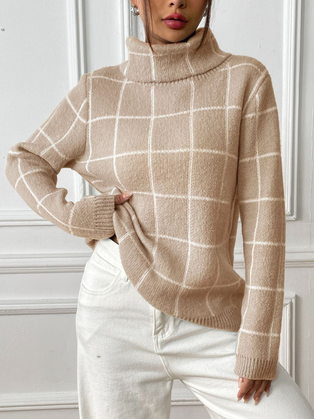 Plaid Turtleneck Long Sleeve Sweater - Trendsi