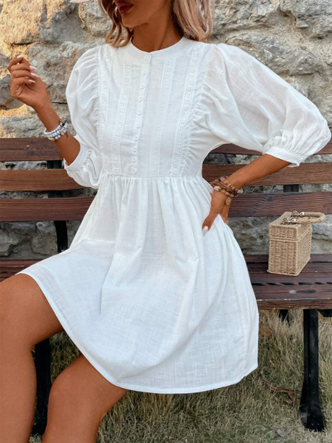 Lace Detail Half Button Three-Quarter Sleeve Dress - Trendsi - Flyclothing LLC