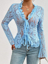 Tied V-Neck Long Sleeve Lace Top - Trendsi - Flyclothing LLC