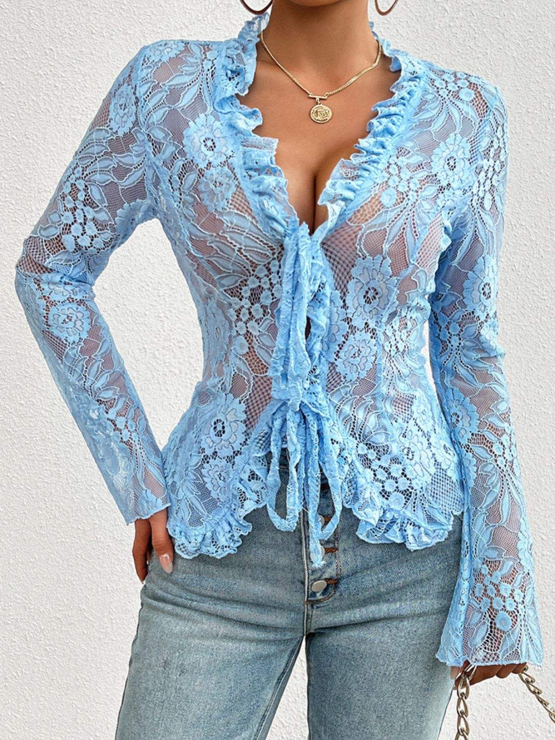 Tied V-Neck Long Sleeve Lace Top - Trendsi - Flyclothing LLC