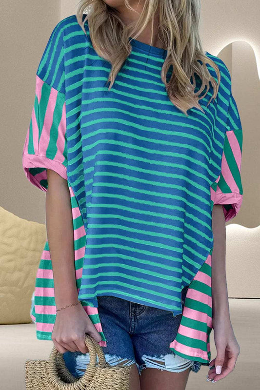 Striped Round Neck Half Sleeve T-Shirt - Trendsi - Flyclothing LLC