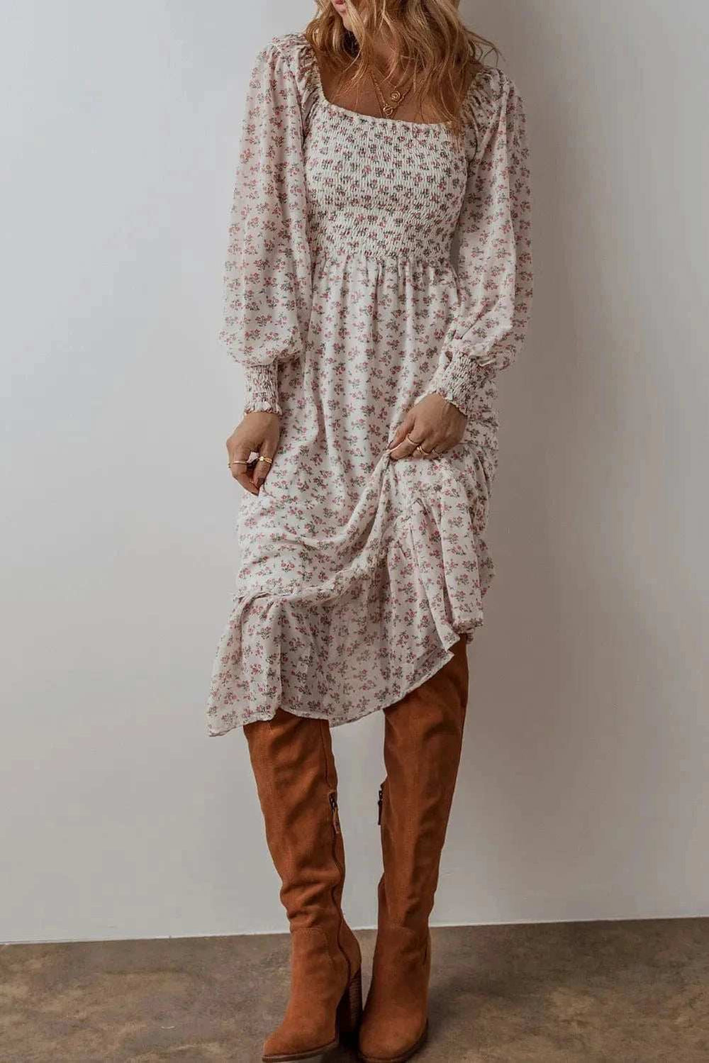 Smocked Floral Square Neck Long Sleeve Midi Dress - Trendsi - Flyclothing LLC