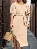 Slit Round Neck Tie Waist Midi Dress - Trendsi
