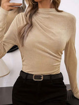 Ruched Mock Neck Long Sleeve T-Shirt - Trendsi - Flyclothing LLC
