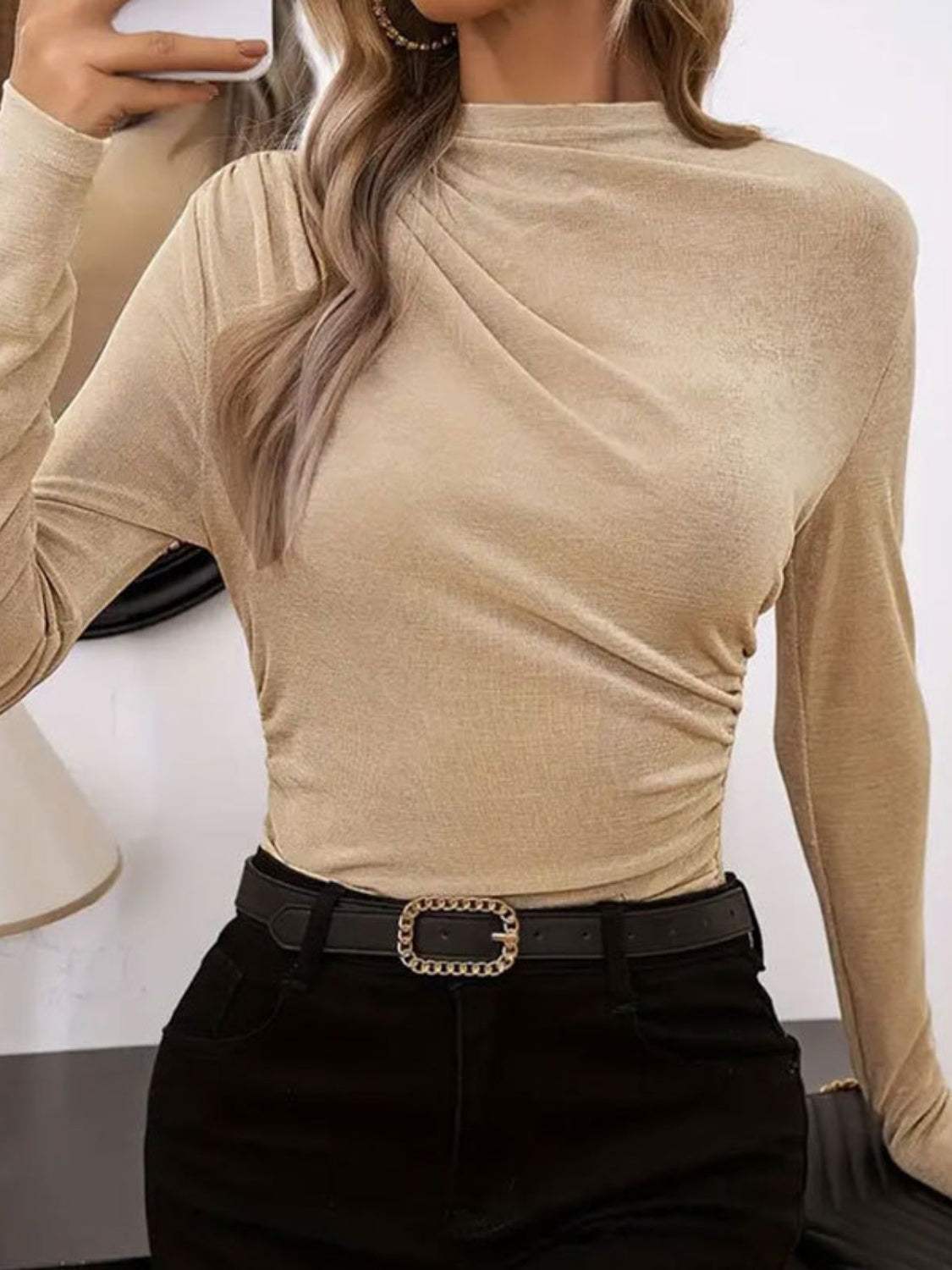 Ruched Mock Neck Long Sleeve T-Shirt - Trendsi - Flyclothing LLC