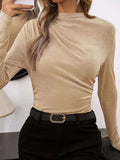Ruched Mock Neck Long Sleeve T-Shirt - Trendsi - Flyclothing LLC