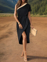 Slit Single Shoulder Short Sleeve Midi Dress - Trendsi - Flyclothing LLC