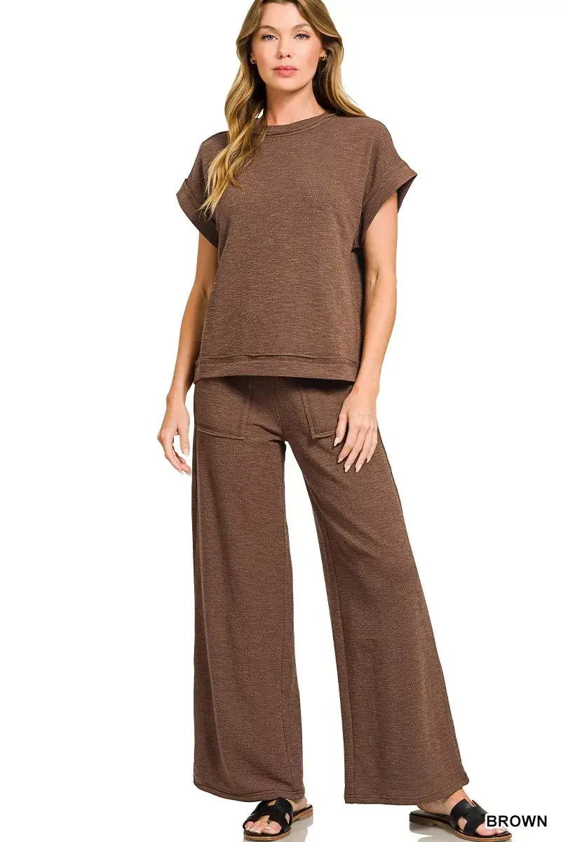Zenana Cotton Slub Short Sleeve Tee and Pants Set - Trendsi - Flyclothing LLC
