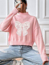 Bow Turtleneck Long Sleeve Sweater - Trendsi - Flyclothing LLC