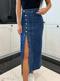 Front Button Slit Midi Denim Skirt - Trendsi - Flyclothing LLC