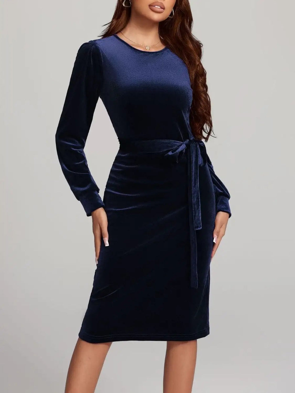 Round Neck Tie Waist Long Sleeve Velvet Dress - Trendsi