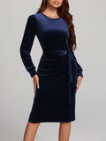 Round Neck Tie Waist Long Sleeve Velvet Dress - Trendsi