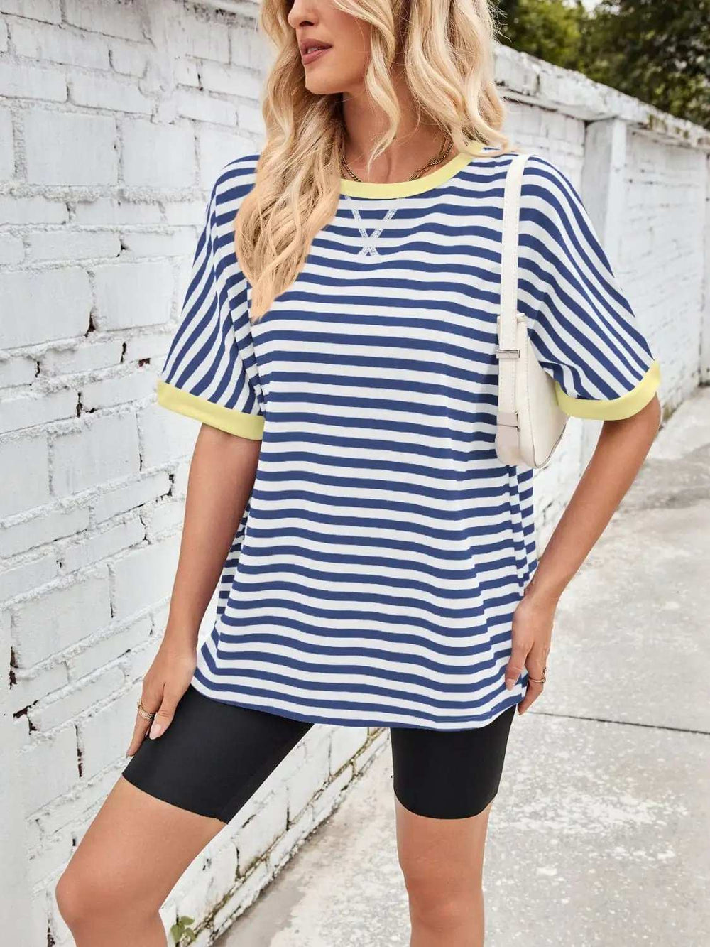 Lovelet Striped Round Neck Half Sleeve T-Shirt - Trendsi - Flyclothing LLC