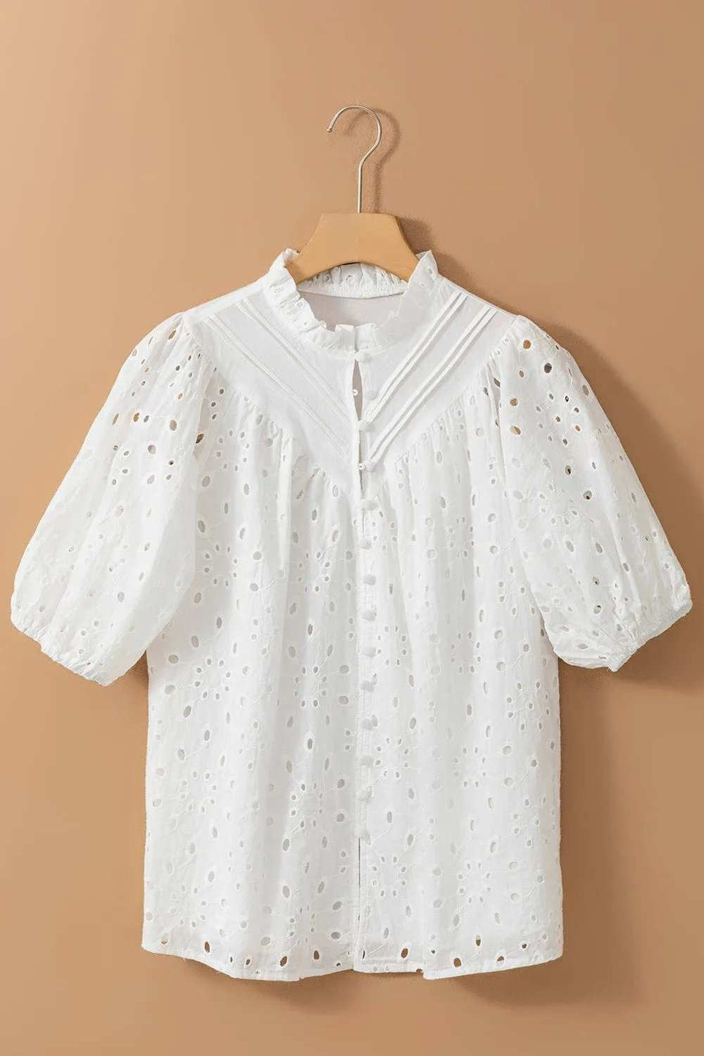 Eyelet Button Up Half Sleeve Blouse - Trendsi - Flyclothing LLC