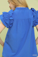 Umgee Textured Ruffle Sleeve Notched Top - Trendsi - Flyclothing LLC